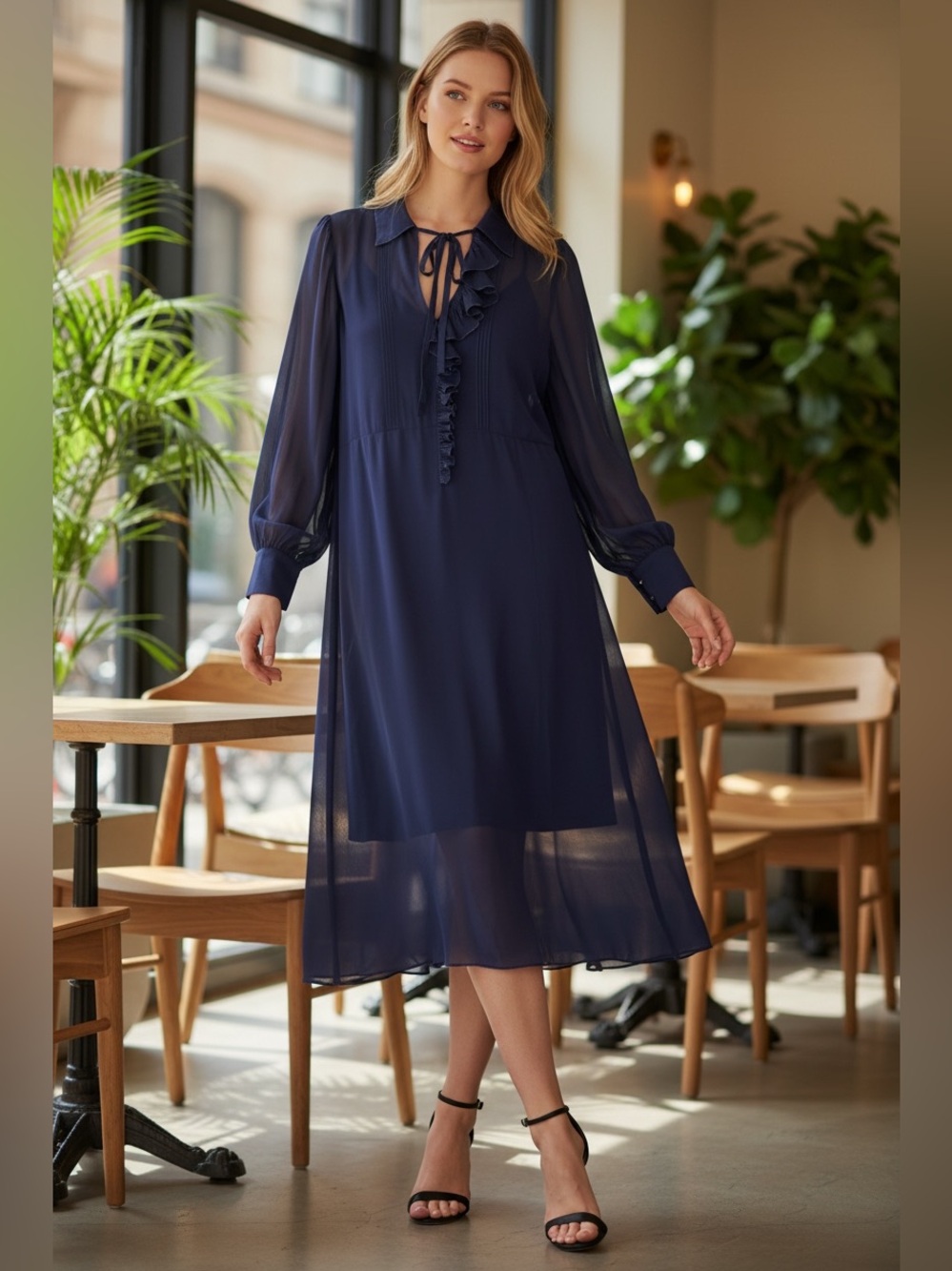 Ted Baker Navy Ruffle Tie-Front Midi Dress size 2(us6)
